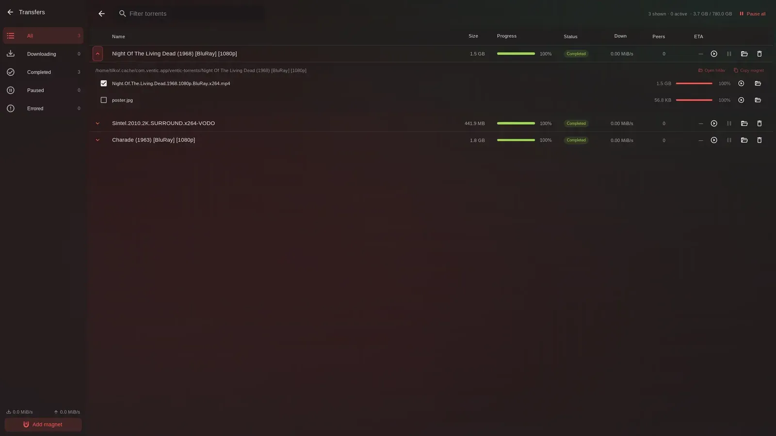 The Ventic downloads page with per-file selection and speed limits