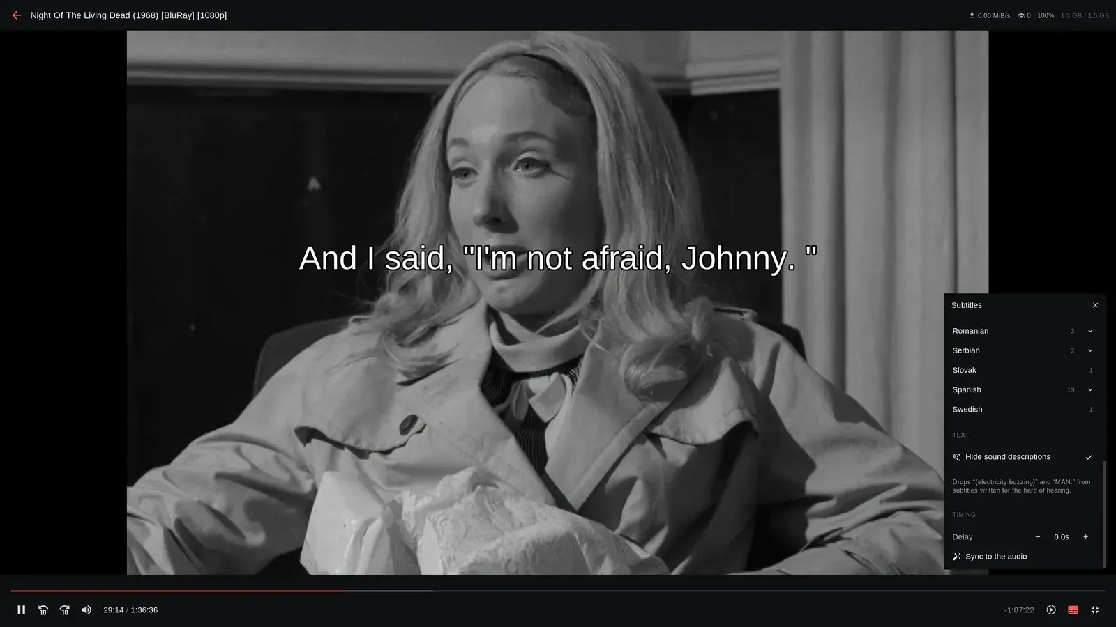 The Ventic player with the subtitle menu open over a film
