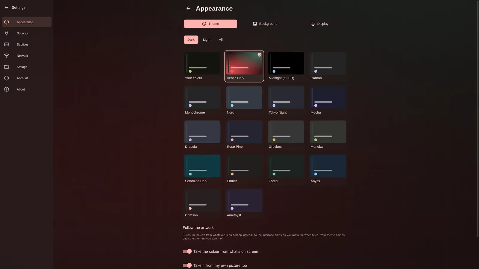 Ventic appearance settings showing the theme grid